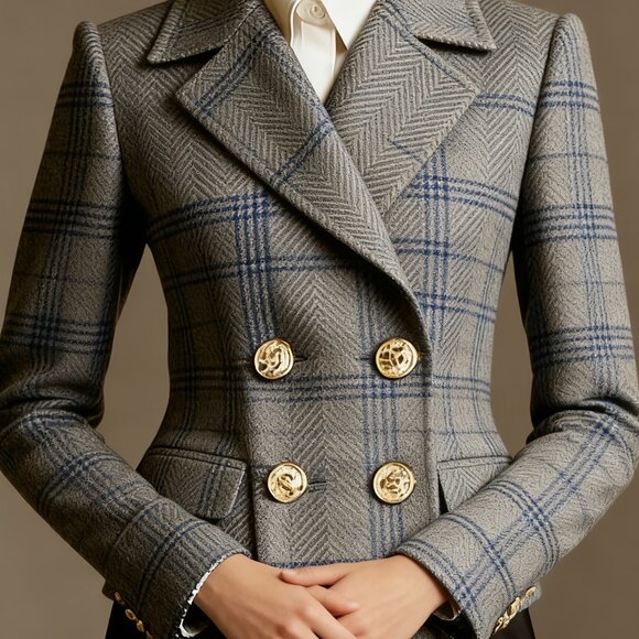 Passion of Essence Jackets & Blazers - Plus Gray Plaid Double-Breasted Blazer | Gold Buttons, Lapel